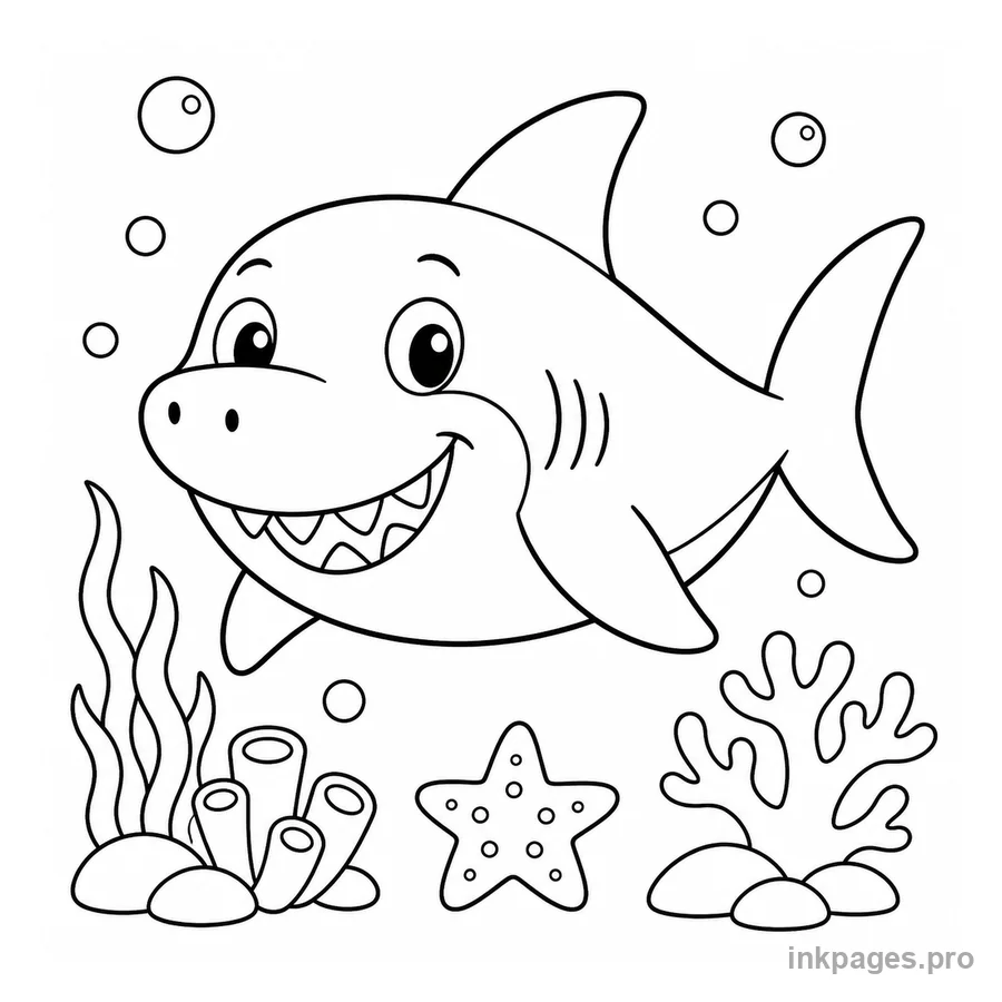 Free printable shark coloring page: a friendly cartoon shark smiling underwater