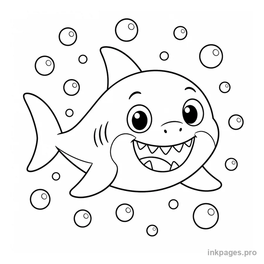 Free printable shark coloring page: a baby shark swimming among bubbles