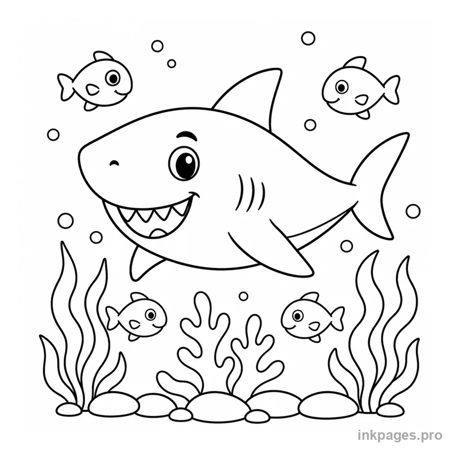 Free printable shark coloring page: a shark with seaweed and small fish