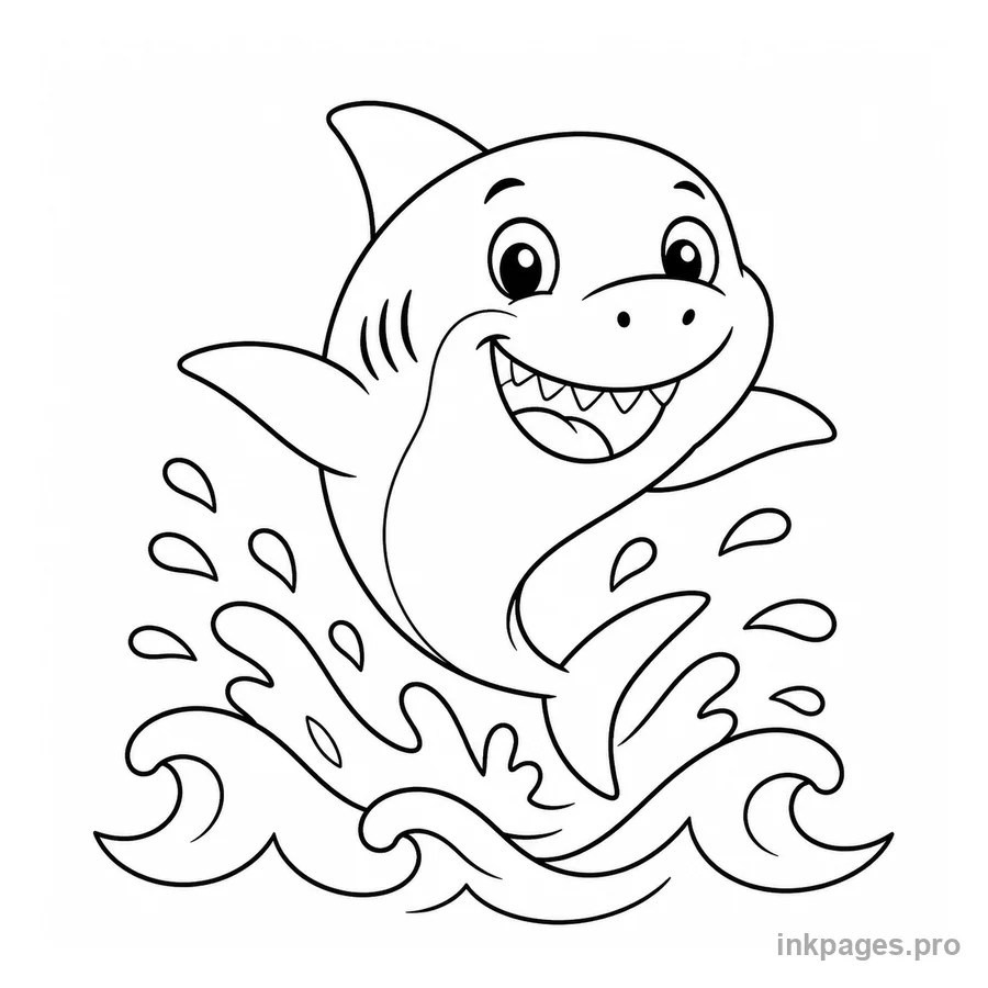 Free printable shark coloring page: a happy shark jumping out of the waves