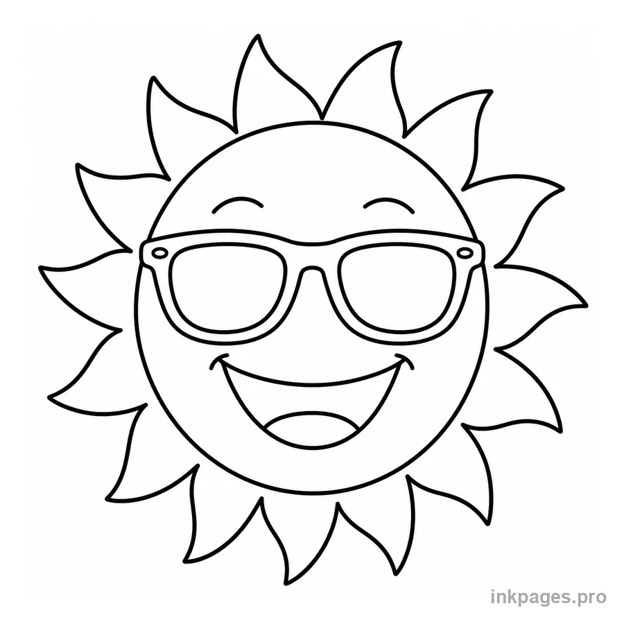Free printable summer coloring page: a smiling sun with sunglasses
