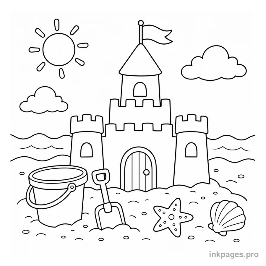 Free printable summer coloring page: a beach scene with a sandcastle and bucket