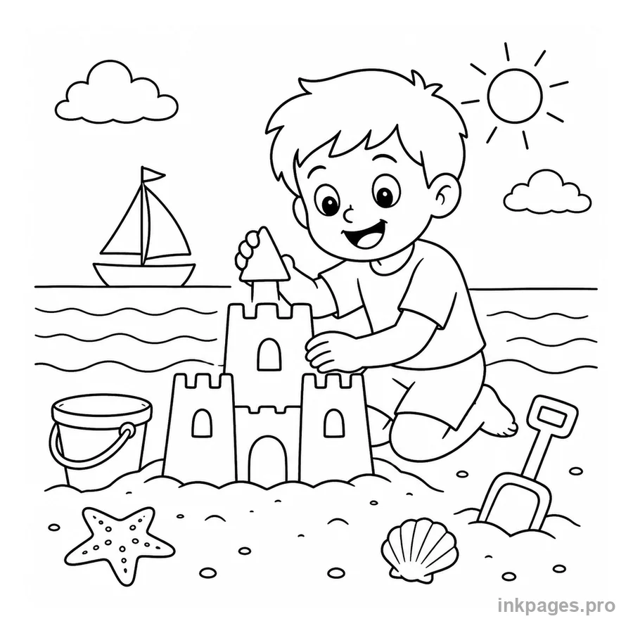 Free printable summer coloring page: a kid building a sandcastle by the sea