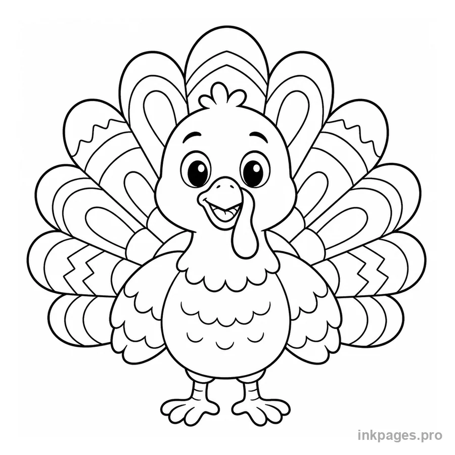 Free printable thanksgiving coloring page: a cute cartoon turkey with colorful tail feathers