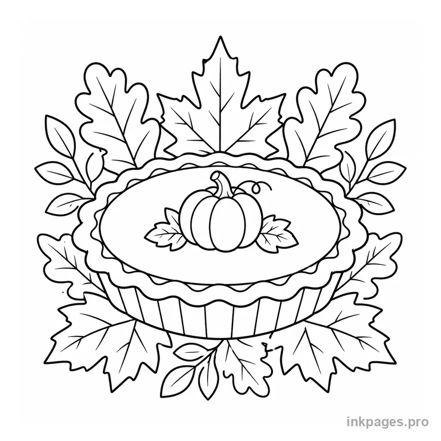 Free printable thanksgiving coloring page: a pumpkin pie with autumn leaves