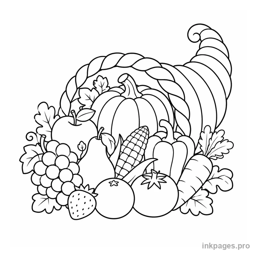 Free printable thanksgiving coloring page: a cornucopia filled with fruit and vegetables