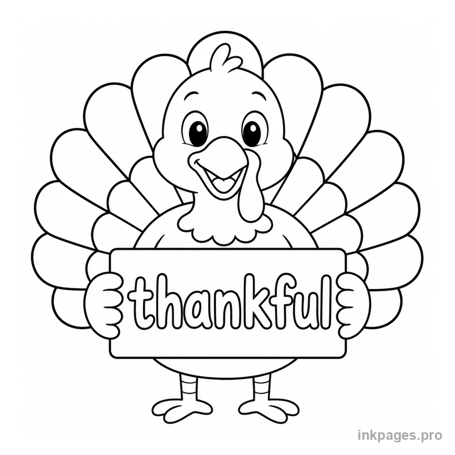 Free printable thanksgiving coloring page: a turkey holding a 'thankful' sign