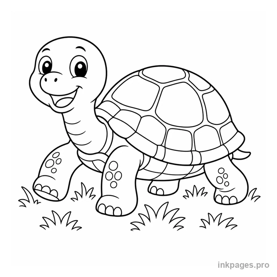 Free printable turtle coloring page: a smiling tortoise walking on grass