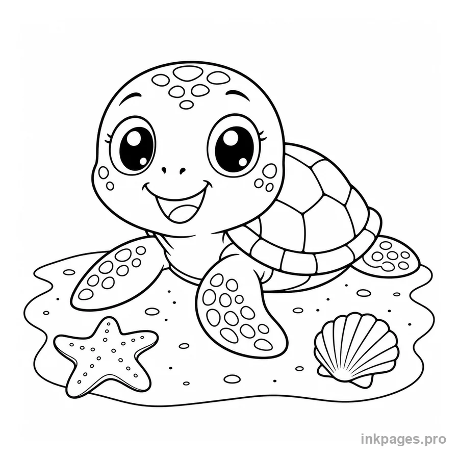 Free printable turtle coloring page: a baby turtle on the beach