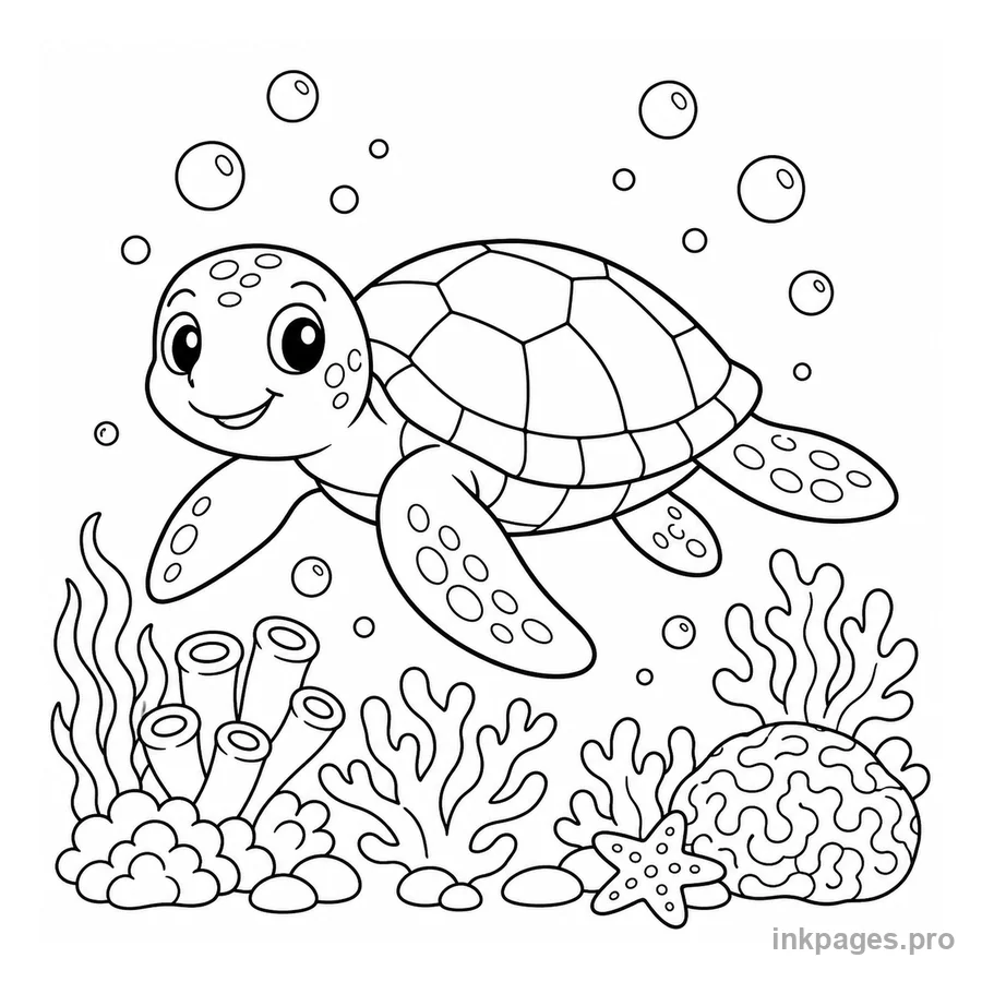 Free printable turtle coloring page: a sea turtle gliding past coral and bubbles