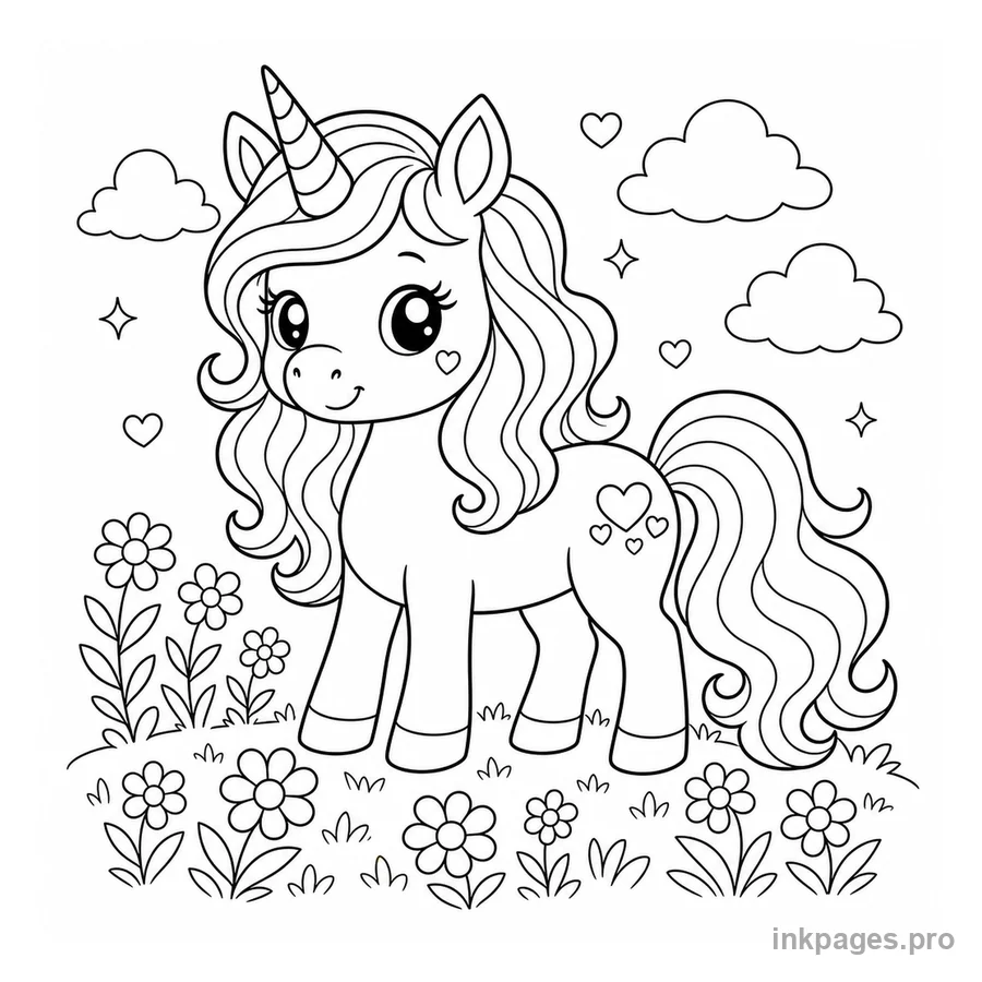 Free printable unicorn coloring page: a cute unicorn with a flowing mane standing in a meadow