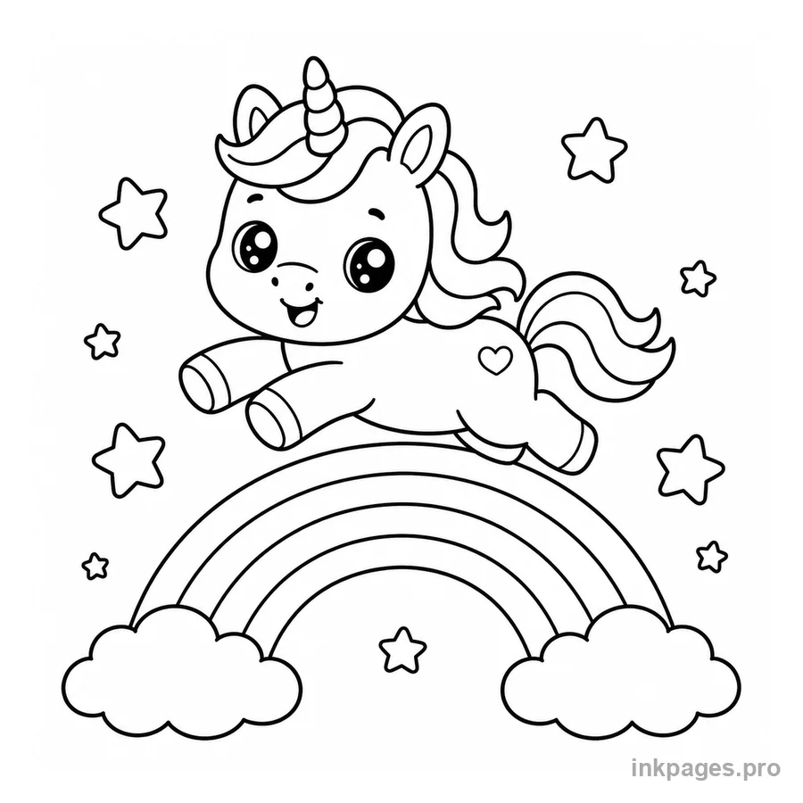 Free printable unicorn coloring page: a baby unicorn jumping over a rainbow with stars