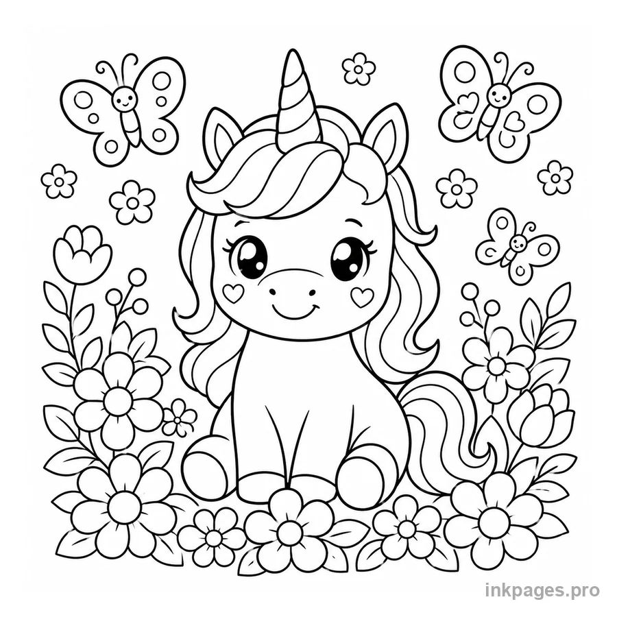 Free printable unicorn coloring page: a smiling unicorn surrounded by flowers and butterflies