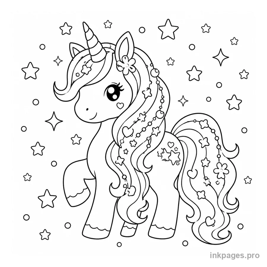 Free printable unicorn coloring page: a unicorn with a long decorated mane and a starry sky