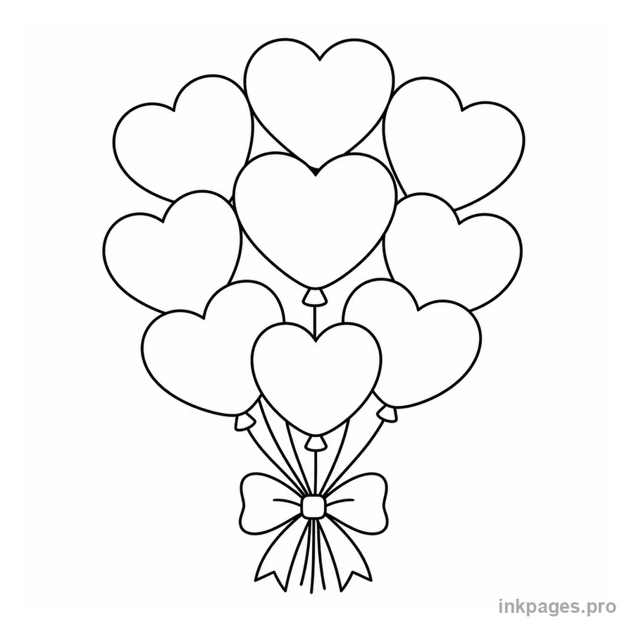 Free printable valentine's day coloring page: a bunch of balloons shaped like hearts