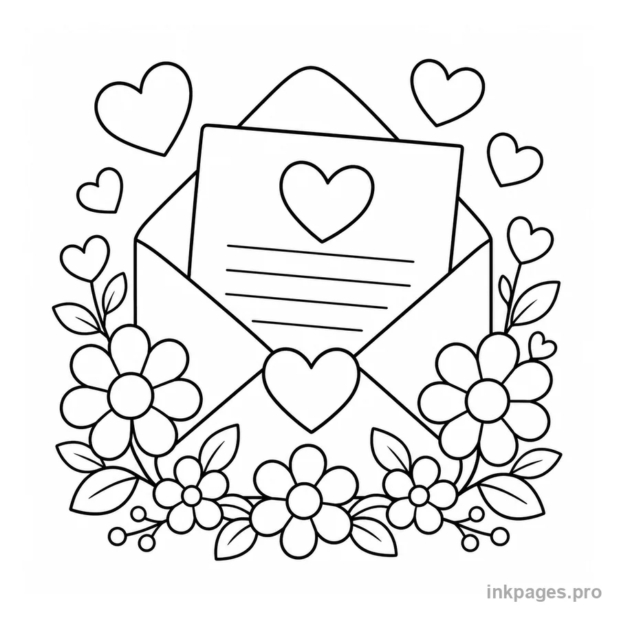 Free printable valentine's day coloring page: a love letter with hearts and flowers