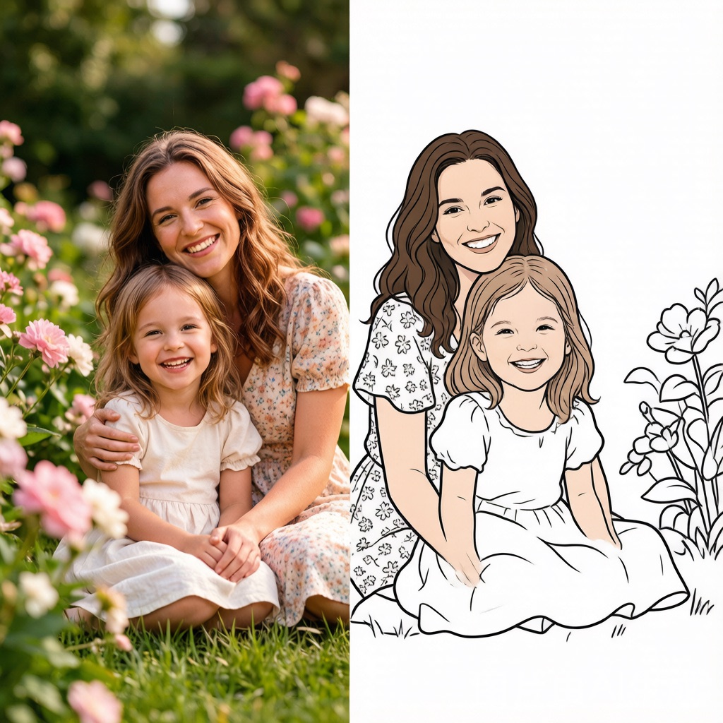Before and after: a photo redrawn as a clean black-and-white coloring page