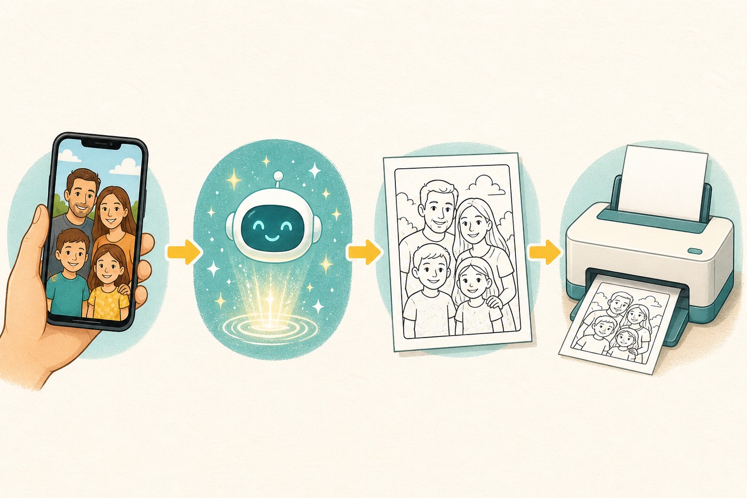 Illustrated workflow for choosing a photo, generating line art, and printing a coloring page