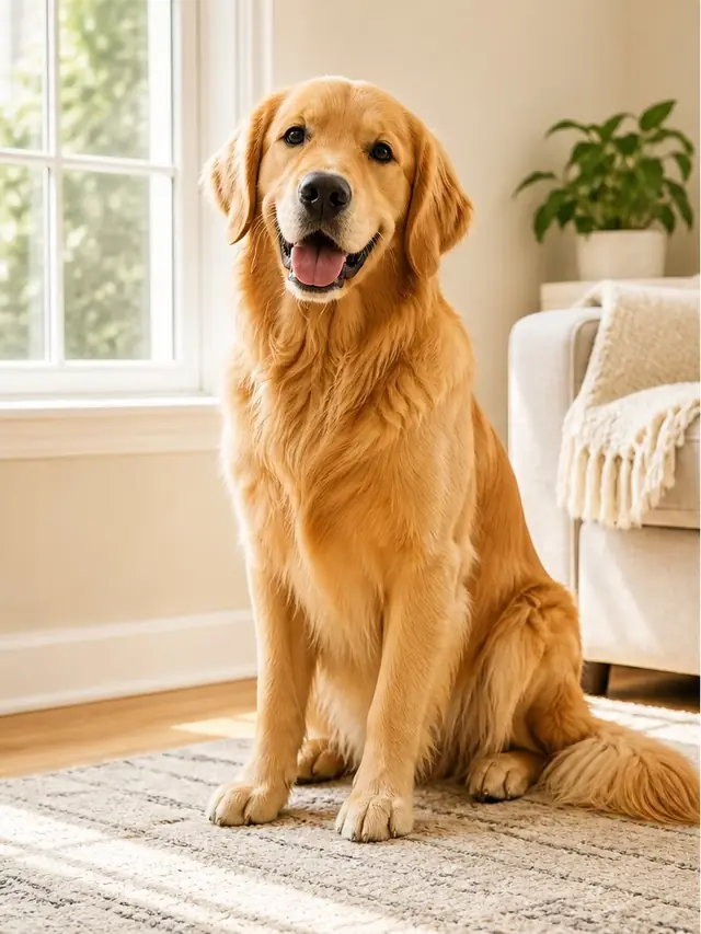 Existing sample input: a golden retriever sitting on a rug in a sunlit room