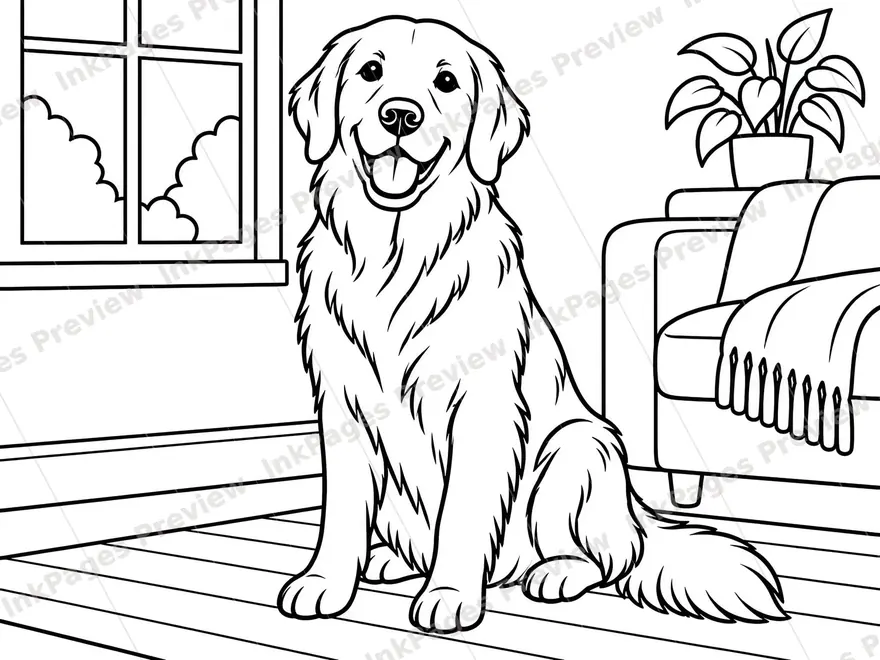 Existing Simple-style output: the dog and room redrawn as black-and-white line art